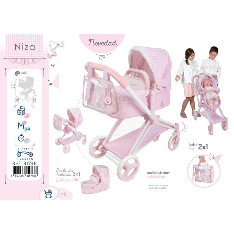 Niza DeCuevas Kuschelpuppe Mit Weichem Körper – 36 Cm, Rosa Schleifen & Umbaubarer Schaukelliege
